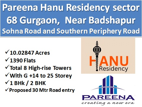Pareena Hanu Residency sector 68 Gurgaon, Near Badshapur Sohna Road and Southern Periphery Road 